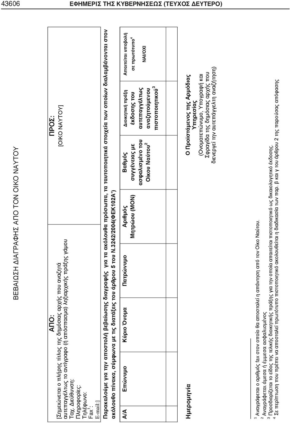 3242/2004(ΦΕΚ102Α ) Α/Α Επώνυμο Κύριο Όνομα Πατρώνυμο Αριθμός Μητρώου (ΜΟΝ) Βαθμός συγγένειας με ασφαλισμένο του Οίκου Ναύτου 2 Διοικητική πράξη πιστοποιητικού 3 Απαιτείται υποβολή σε πρωτότυπο 4