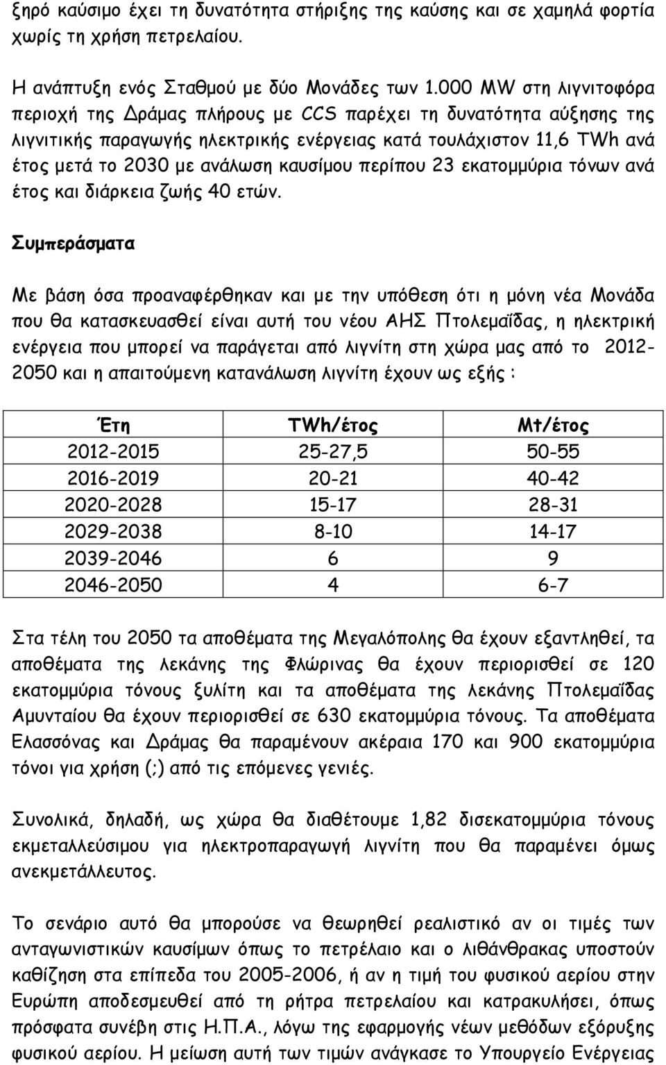 καυσίμου περίπου 23 εκατομμύρια τόνων ανά έτος και διάρκεια ζωής 40 ετών.