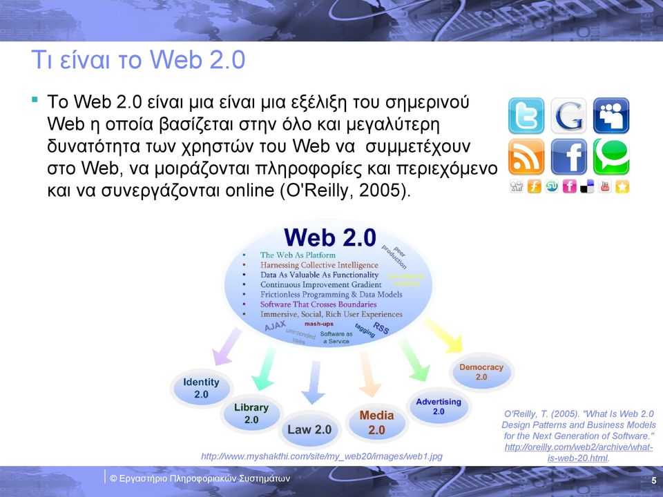 να συμμετέχουν στο Web, να μοιράζονται πληροφορίες και περιεχόμενο και να συνεργάζονται online (O'Reilly, 2005).