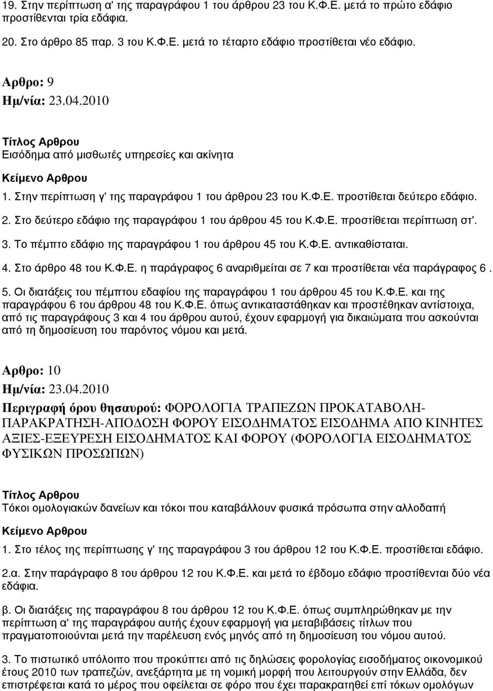 Φ.Ε. προστίθεται περίπτωση στ'. 3. Το πέμπτο εδάφιο της παραγράφου 1 του άρθρου 45 του Κ.Φ.Ε. αντικαθίσταται. 4. Στο άρθρο 48 του Κ.Φ.Ε. η παράγραφος 6 αναριθμείται σε 7 και προστίθεται νέα παράγραφος 6.