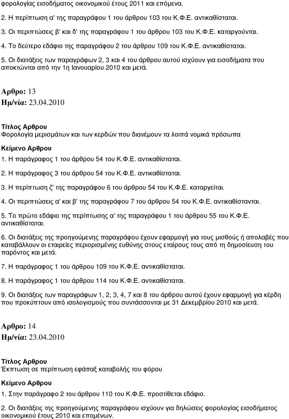 Οι διατάξεις των παραγράφων 2, 3 και 4 του άρθρου αυτού ισχύουν για εισοδήματα που αποκτώνται από την 1η Ιανουαρίου 2010 και μετά.