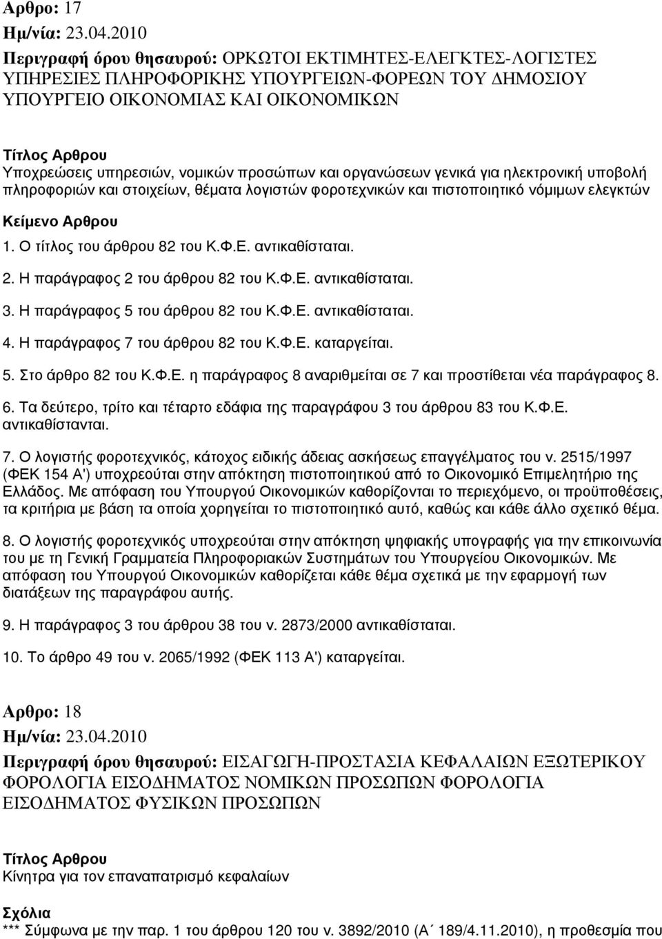 2. Η παράγραφος 2 του άρθρου 82 του Κ.Φ.Ε. αντικαθίσταται. 3. Η παράγραφος 5 του άρθρου 82 του Κ.Φ.Ε. αντικαθίσταται. 4. Η παράγραφος 7 του άρθρου 82 του Κ.Φ.Ε. καταργείται. 5. Στο άρθρο 82 του Κ.Φ.Ε. η παράγραφος 8 αναριθμείται σε 7 και προστίθεται νέα παράγραφος 8.