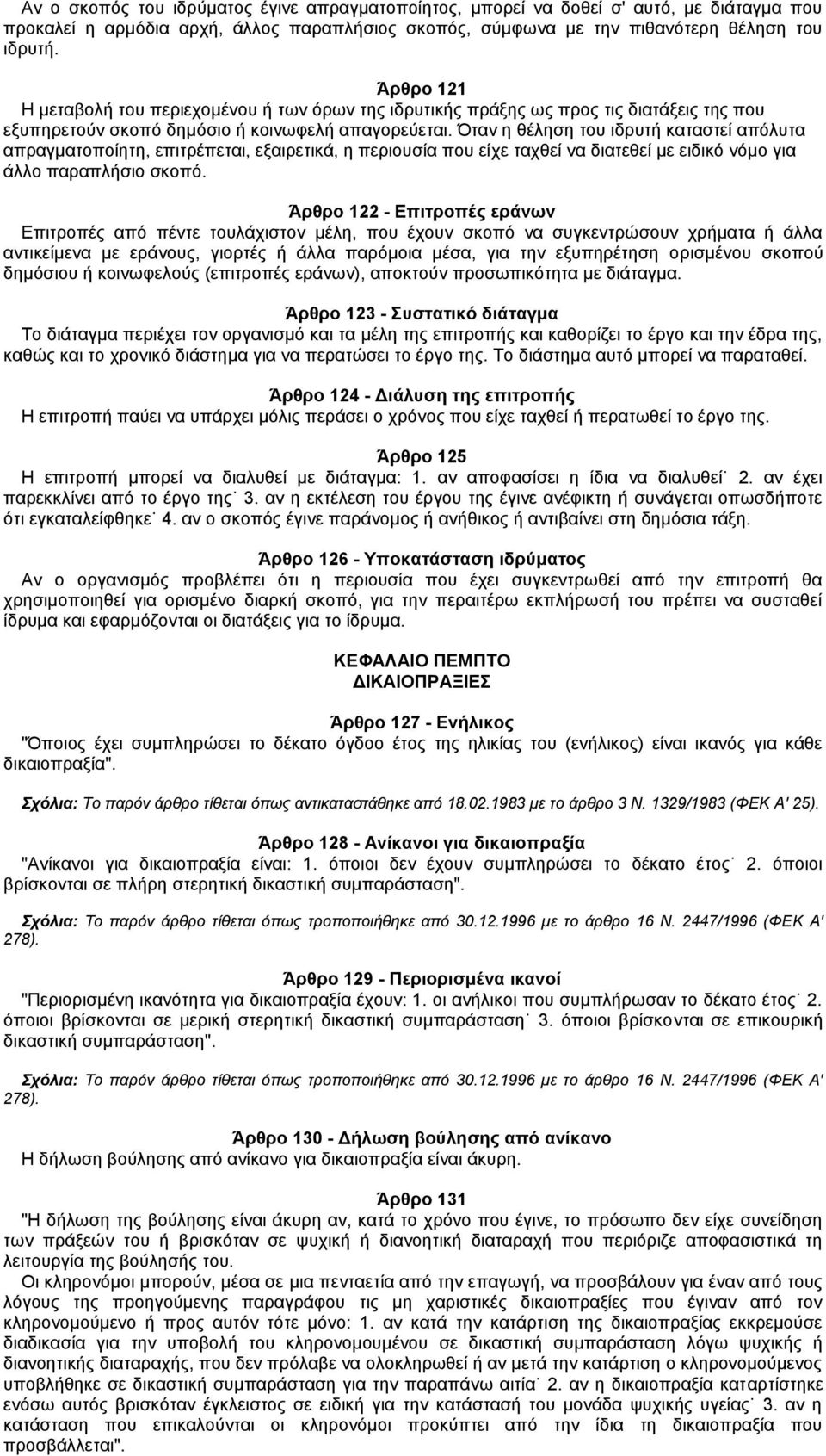 Όταν η θέληση του ιδρυτή καταστεί απόλυτα απραγματοποίητη, επιτρέπεται, εξαιρετικά, η περιουσία που είχε ταχθεί να διατεθεί με ειδικό νόμο για άλλο παραπλήσιο σκοπό.