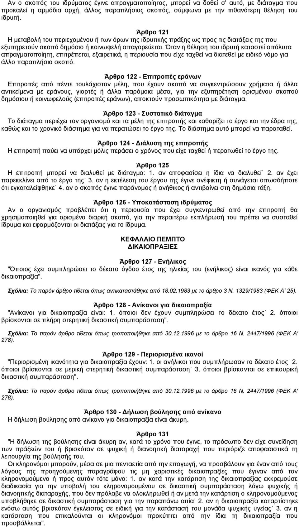 Όταν η θέληση του ιδρυτή καταστεί απόλυτα απραγματοποίητη, επιτρέπεται, εξαιρετικά, η περιουσία που είχε ταχθεί να διατεθεί με ειδικό νόμο για άλλο παραπλήσιο σκοπό.