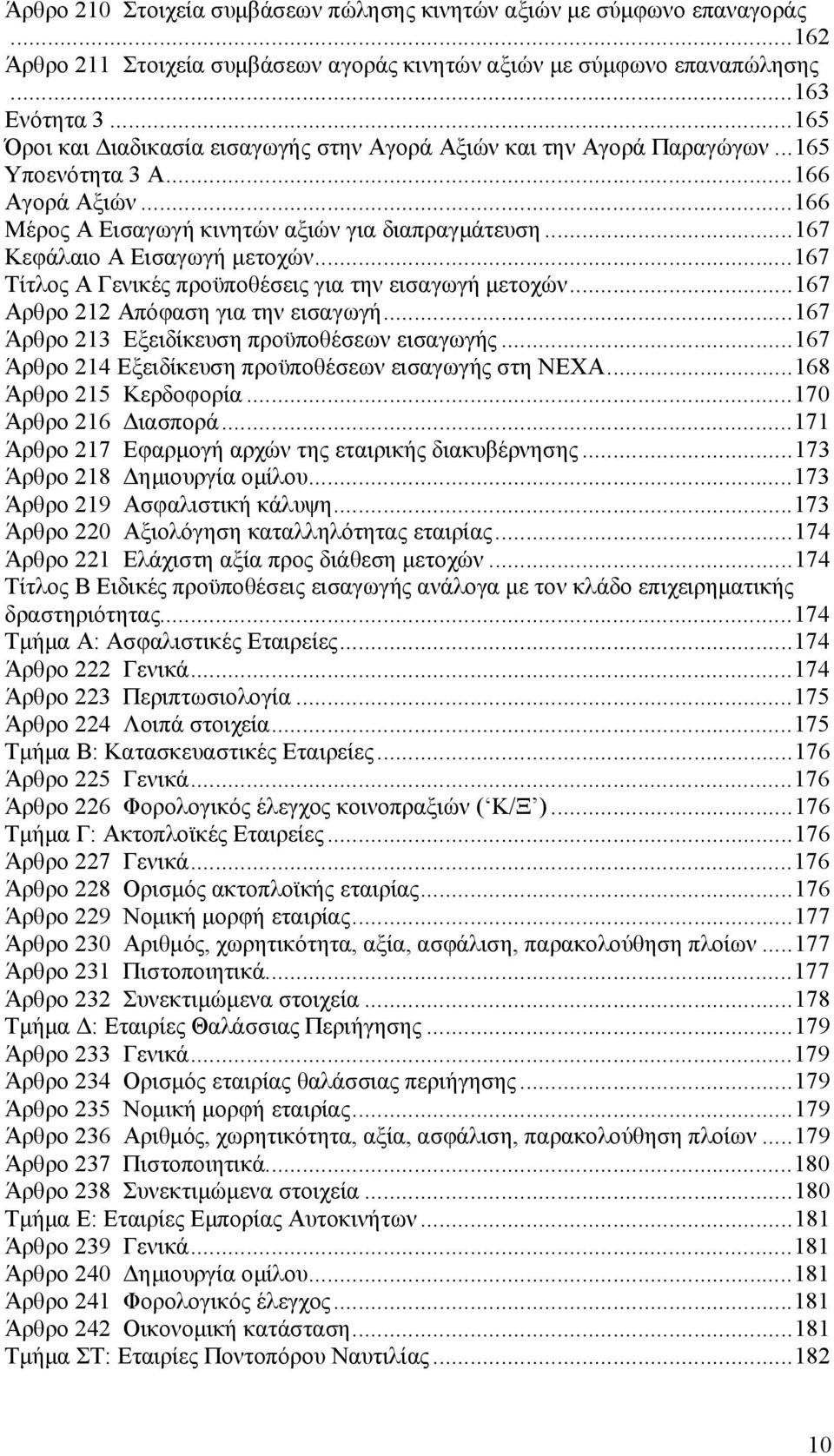 ..167 Κεφάλαιο Α Εισαγωγή μετοχών...167 Τίτλος Α Γενικές προϋποθέσεις για την εισαγωγή μετοχών...167 Αρθρο 212 Απόφαση για την εισαγωγή...167 Άρθρο 213 Εξειδίκευση προϋποθέσεων εισαγωγής.