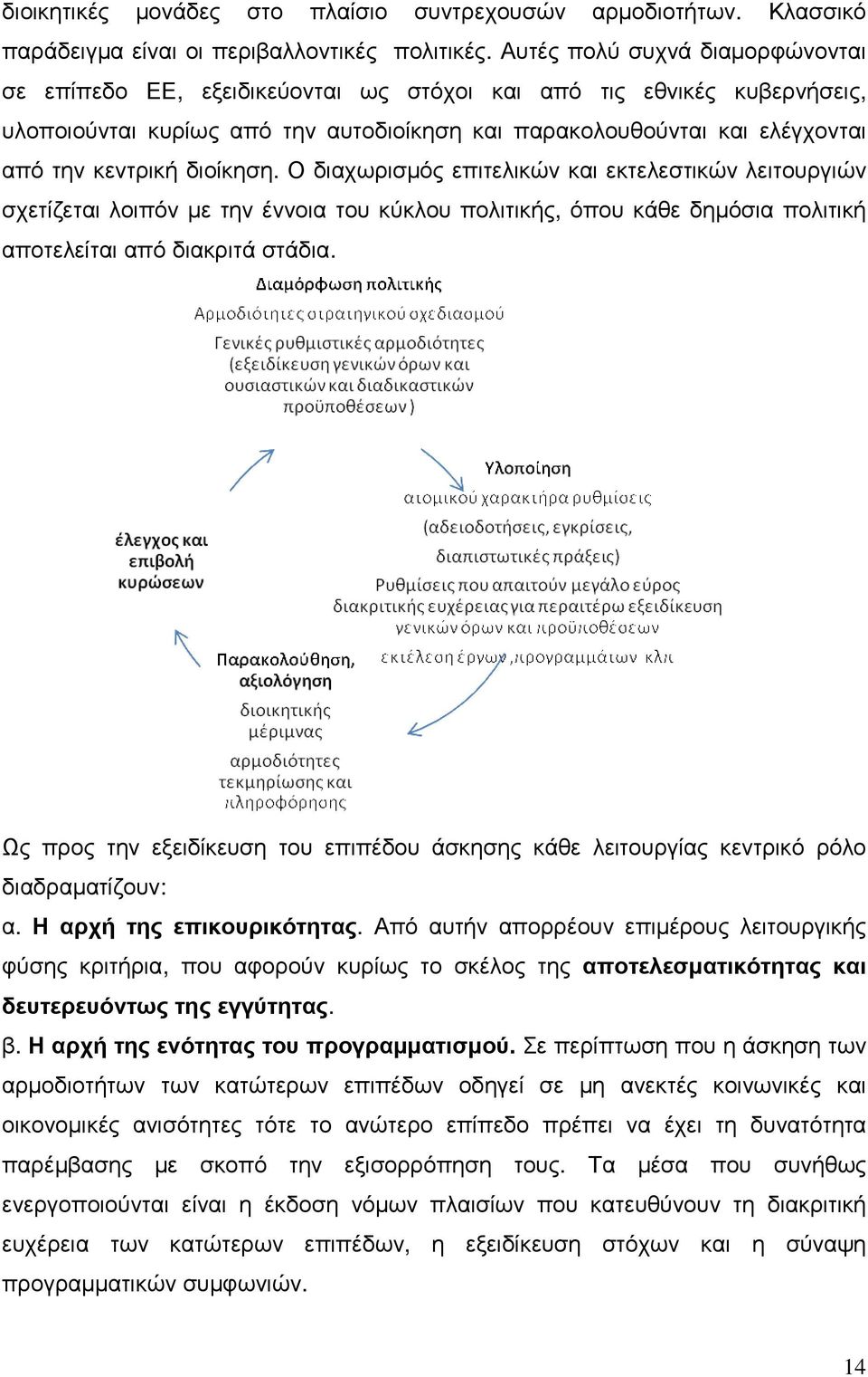 διοίκηση. Ο διαχωρισµός επιτελικών και εκτελεστικών λειτουργιών σχετίζεται λοιπόν µε την έννοια του κύκλου πολιτικής, όπου κάθε δηµόσια πολιτική αποτελείται από διακριτά στάδια.