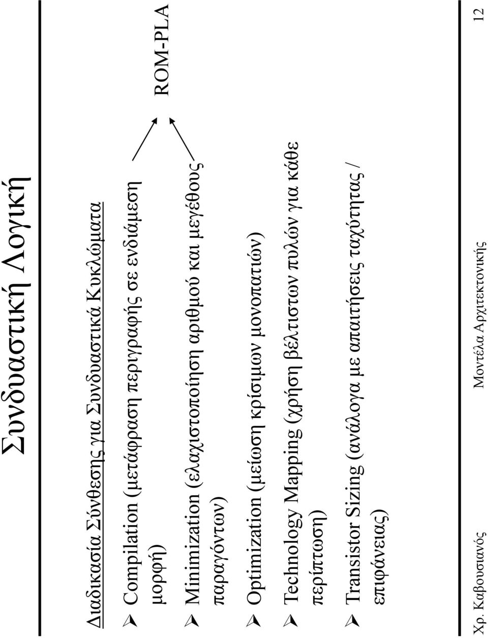 ROM-PLA Optimization (µείωση κρίσιµων µονοπατιών) Technology Mapping (χρήση βέλτιστων πυλών για