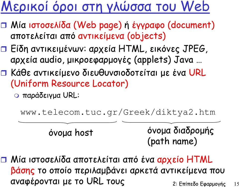 URL (Uniform Resource Locator) παράδειγµα URL: www.telecom.tuc.gr/greek/diktya2.
