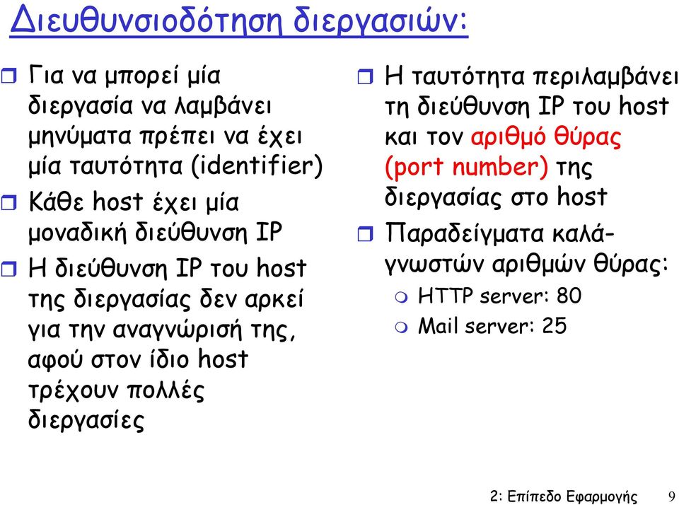 στον ίδιο host τρέχουν πολλές διεργασίες Η ταυτότητα περιλαµβάνει τη διεύθυνση IP του host και τον αριθµό θύρας (port