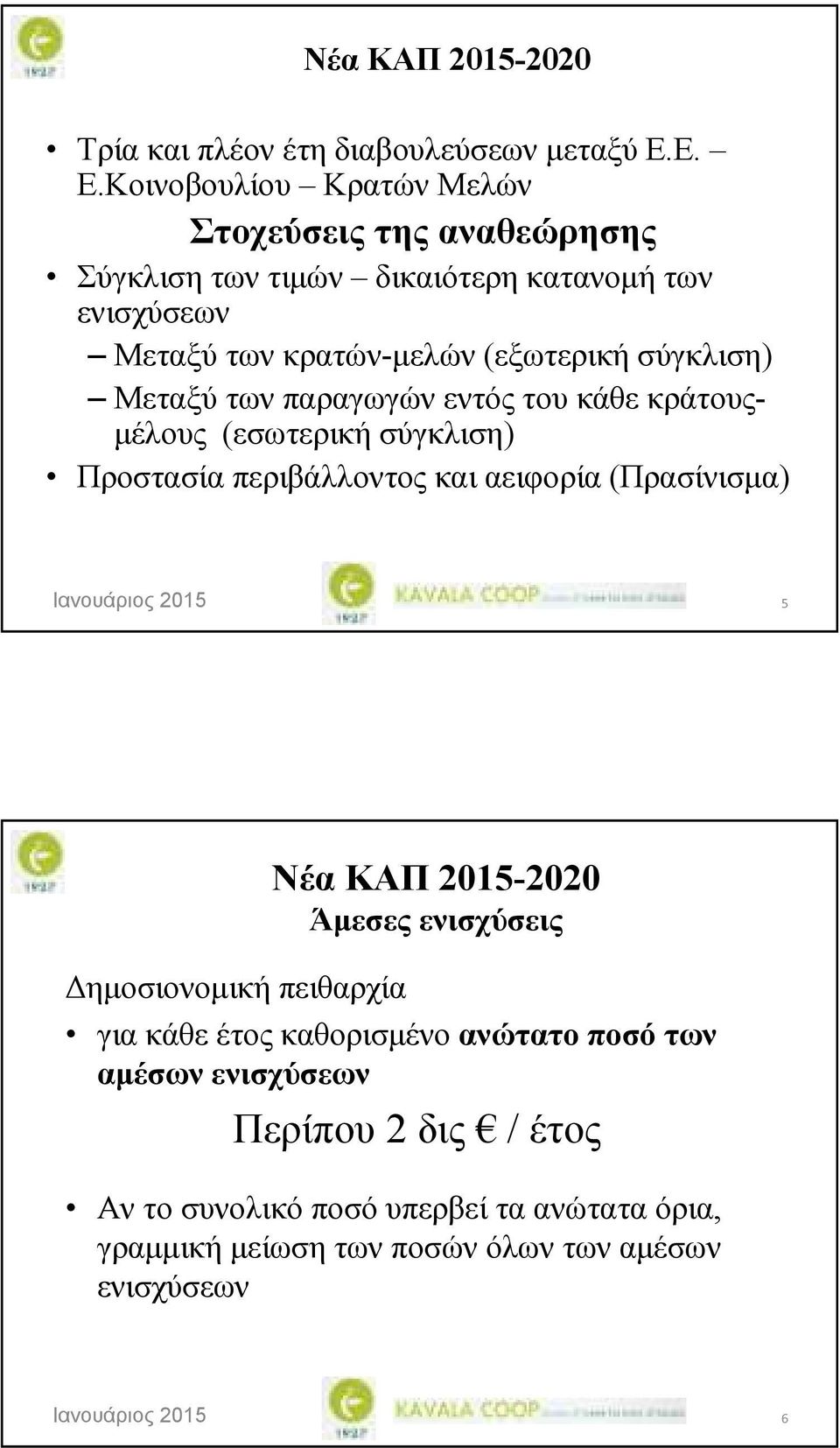 (εξωτερική σύγκλιση) Μεταξύ των παραγωγών εντός του κάθε κράτους- µέλους (εσωτερική σύγκλιση) Προστασία περιβάλλοντος και αειφορία (Πρασίνισµα) 5