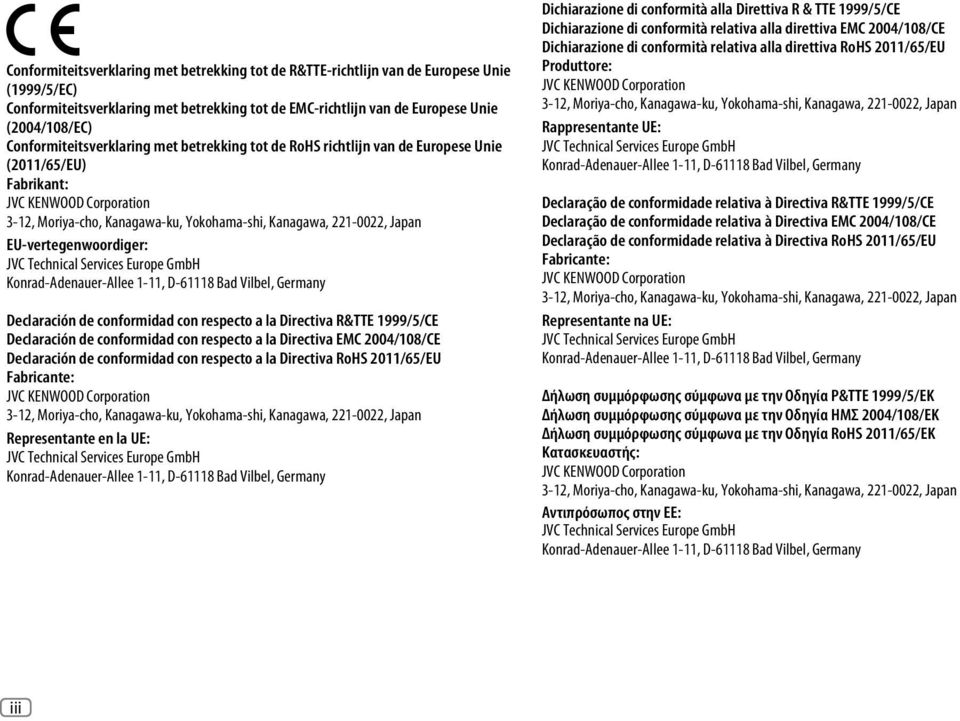 Japan EU-vertegenwoordiger: JVC Technical Services Europe GmbH Konrad-Adenauer-Allee 1-11, D-61118 Bad Vilbel, Germany Declaración de conformidad con respecto a la Directiva R&TTE 1999/5/CE