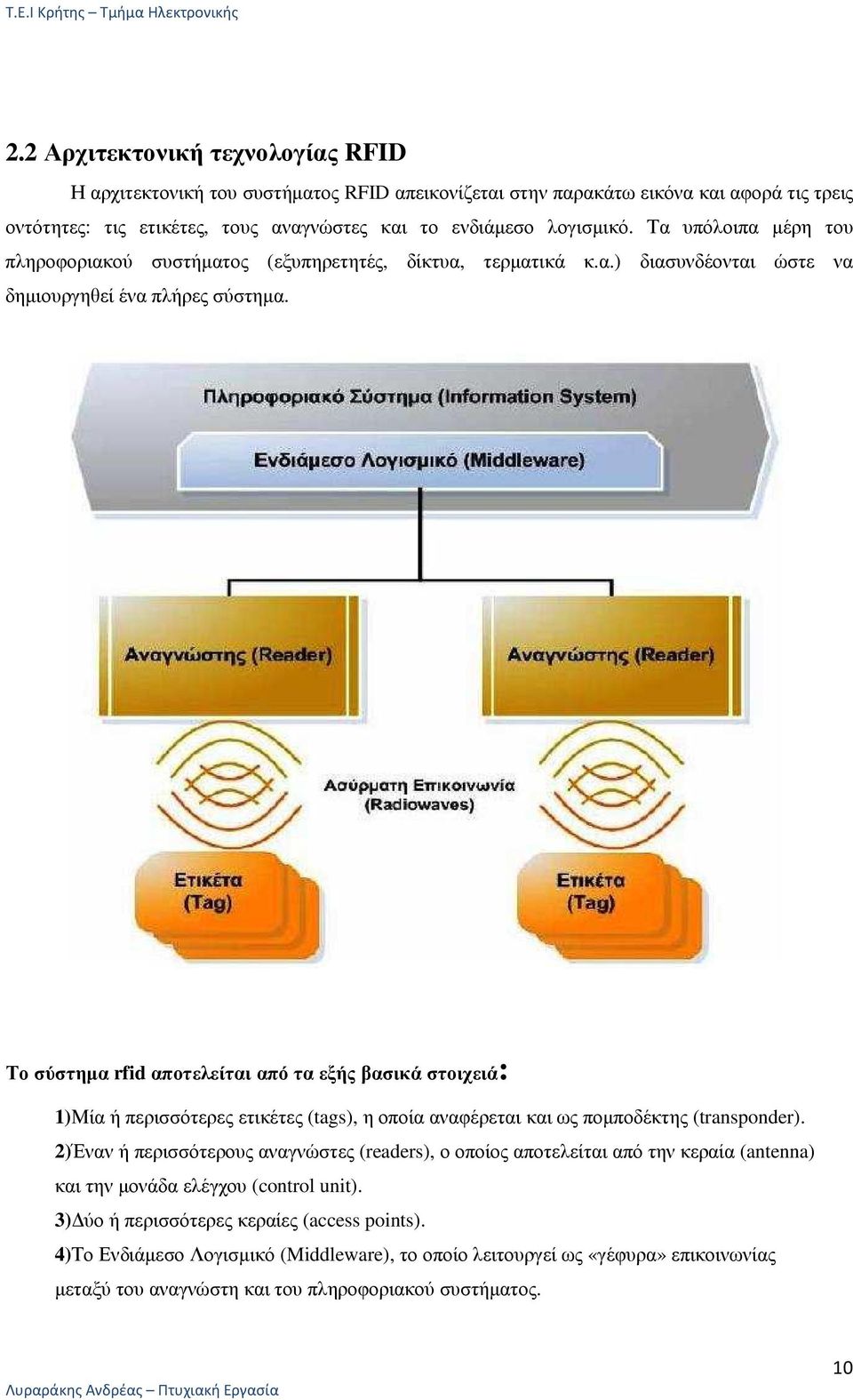 Το σύστηµα rfid αποτελείται από τα εξής βασικά στοιχειά: 1)Μία ή περισσότερες ετικέτες (tags), η οποία αναφέρεται και ως ποµποδέκτης (transponder).