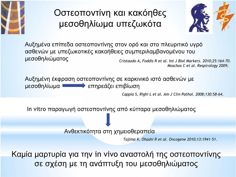 Respirology 2009; Αυξηµένη έκφραση οστεοποντίνης σε καρκινικό ιστό ασθενών µε µεσοθηλίωµα επηρεάζει επιβίωση Cappia S, Righi L et al. Am J Clin Pathol. 2008;130:58-64.