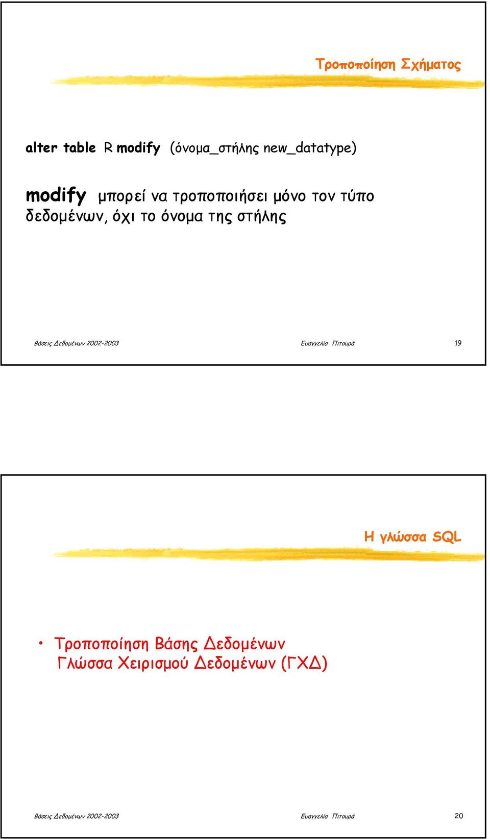 εδοµένων 2002-2003 Ευαγγελία Πιτουρά 19 Η γλώσσα SQL Τροποποίηση Βάσης