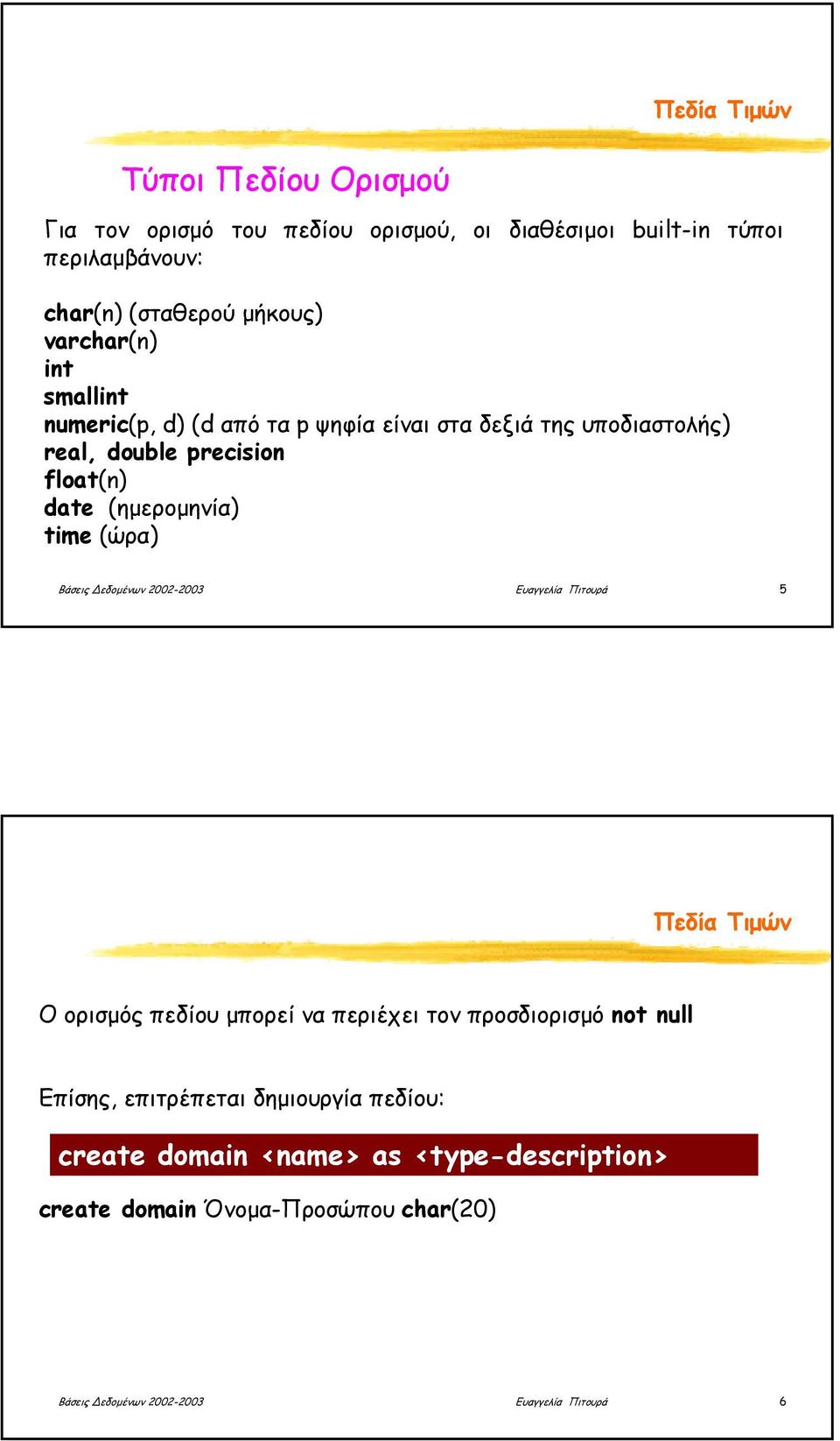 time (ώρα) Βάσεις εδοµένων 2002-2003 Ευαγγελία Πιτουρά 5 Πεδία Τιµών Ο ορισµός πεδίου µπορεί να περιέχει τον προσδιορισµό not null Επίσης,