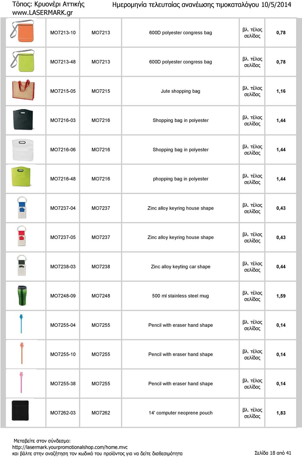 MO7238-03 MO7238 Zinc alloy keyting car shape 0,44 MO7248-09 MO7248 500 ml stainless steel mug 1,59 MO7255-04 MO7255 Pencil with eraser hand shape 0,14 MO7255-10 MO7255 Pencil with eraser hand