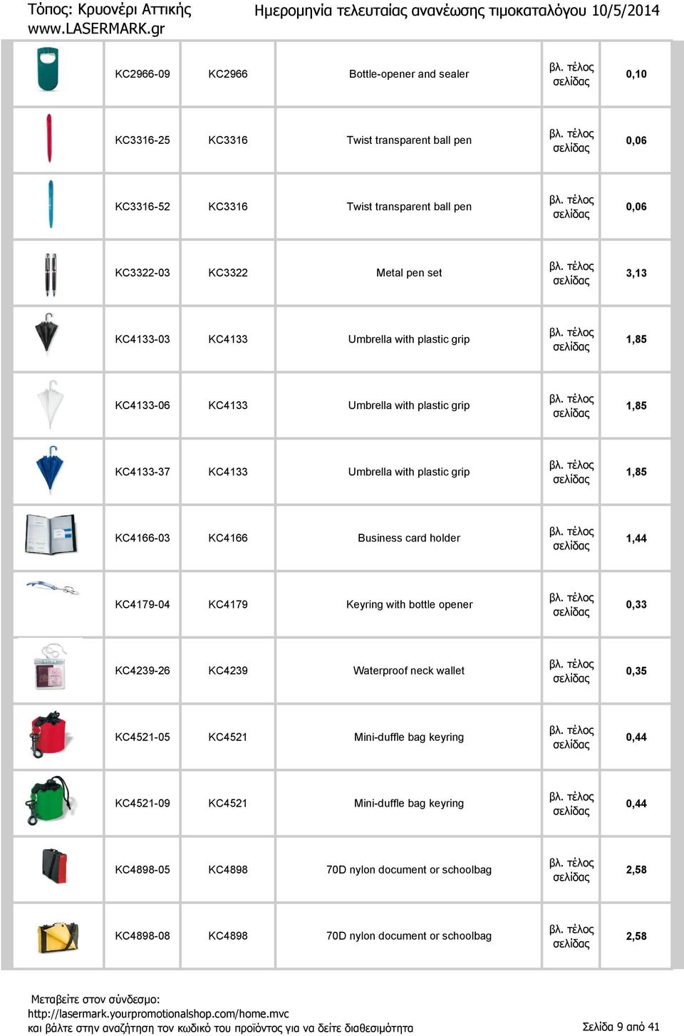 KC4179-04 KC4179 Keyring with bottle opener 0,33 KC4239-26 KC4239 Waterproof neck wallet 0,35 KC4521-05 KC4521 Mini-duffle bag keyring 0,44 KC4521-09 KC4521 Mini-duffle bag keyring 0,44