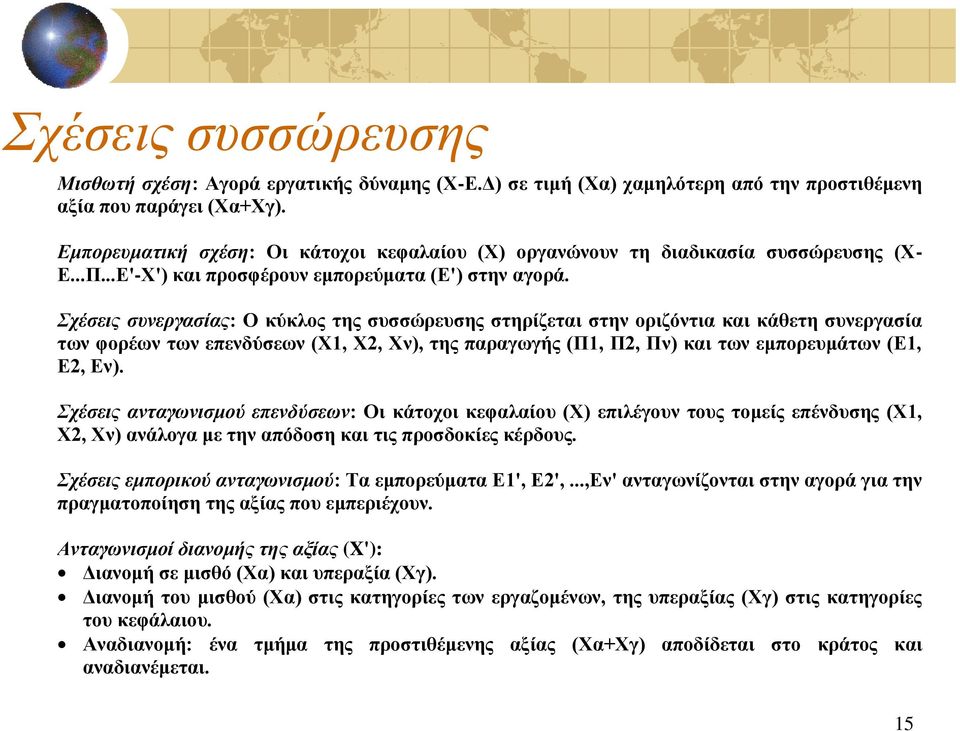 Σσέζειρ ζςνεπγαζίαρ: Ο κύκλορ ηηρ ζςζζώπεςζηρ ζηηπίζεηαι ζηην οπιζόνηια και κάθεηη ζςνεπγαζία ηων θοπέων ηων επενδύζεων (Υ1, Υ2, Υν), ηηρ παπαγωγήρ (Π1, Π2, Πν) και ηων εμποπεςμάηων (Ε1, Ε2, Εν).