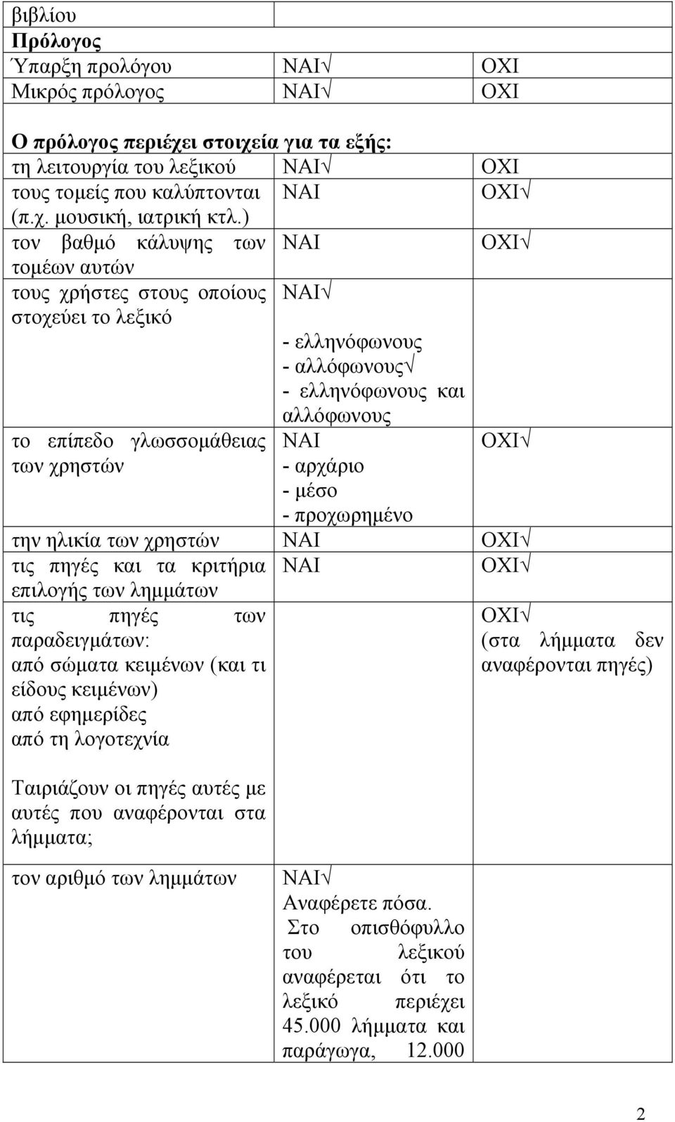 προχωρημένο την ηλικία των χρηστών τις πηγές και τα κριτήρια επιλογής των λημμάτων τις πηγές των παραδειγμάτων: από σώματα κειμένων (και τι είδους κειμένων) από εφημερίδες από τη λογοτεχνία