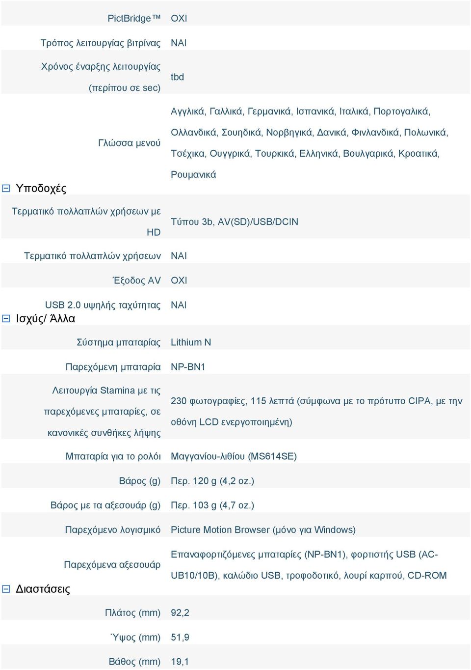 0 υψηλής ταχύτητας Ισχύς/ Άλλα Σύστημα μπαταρίας Παρεχόμενη μπαταρία Λειτουργία Stamina με τις παρεχόμενες μπαταρίες, σε κανονικές συνθήκες λήψης Μπαταρία για το ρολόι Βάρος (g) Βάρος με τα αξεσουάρ