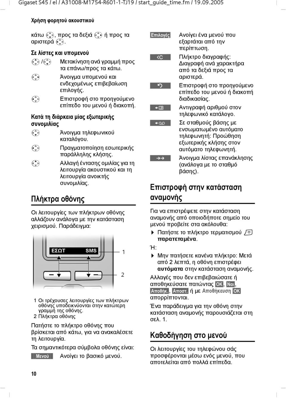 Κατά τη διάρκεια µίας εξωτερικής συνοµιλίας s u t Πλήκτρα οθόνης Άνοιγµα τηλεφωνικού καταλόγου. Πραγµατοποίηση εσωτερικής παράλληλης κλήσης.