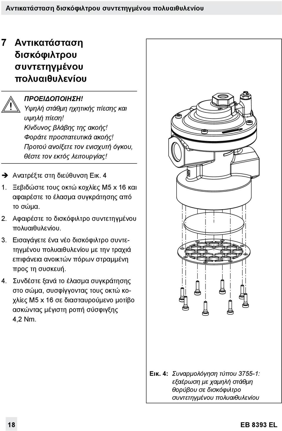 Ξεβιδώστε τους οκτώ κοχλίες M5 x 16 και αφαιρέστε το έλασμα συγκράτησης από το σώμα. 2. Αφαιρέστε το δισκόφιλτρο συντετηγμένου πολυαιθυλενίου. 3.