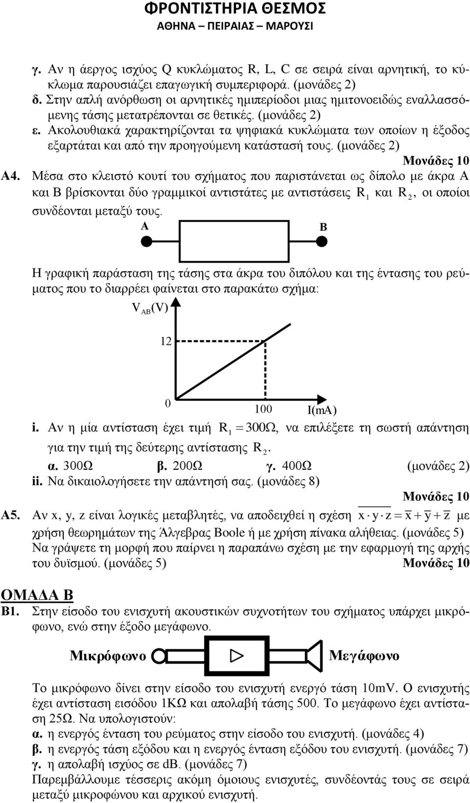 Ακολουθιακά χαρακτηρίζονται τα ψηφιακά κυκλώματα των οποίων η έξοδος εξαρτάται και από την προηγούμενη κατάστασή τους. (μονάδες ) Μονάδες 1 Α4.