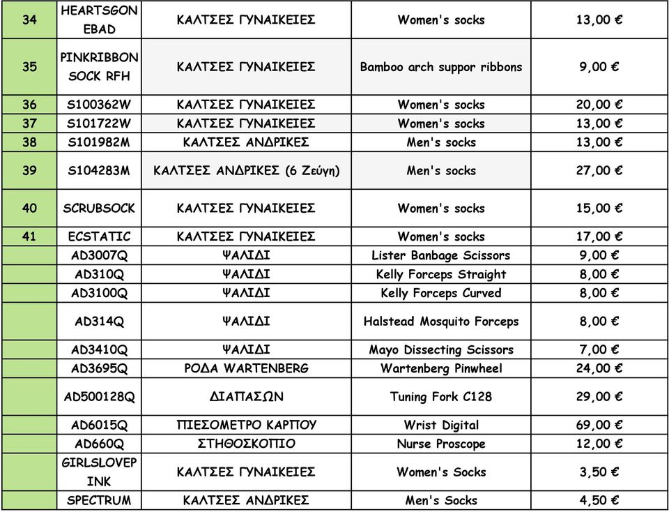 ECSTATIC ΚΑΛΤΣΕΣ ΓΥΝΑΙΚΕΙΕΣ Women's socks 17,00 AD3007Q ΨΑΛΙΔΙ Lister Banbage Scissors 9,00 AD310Q ΨΑΛΙΔΙ Kelly Forceps Straight 8,00 AD3100Q ΨΑΛΙΔΙ Kelly Forceps Curved 8,00 AD314Q ΨΑΛΙΔΙ Halstead