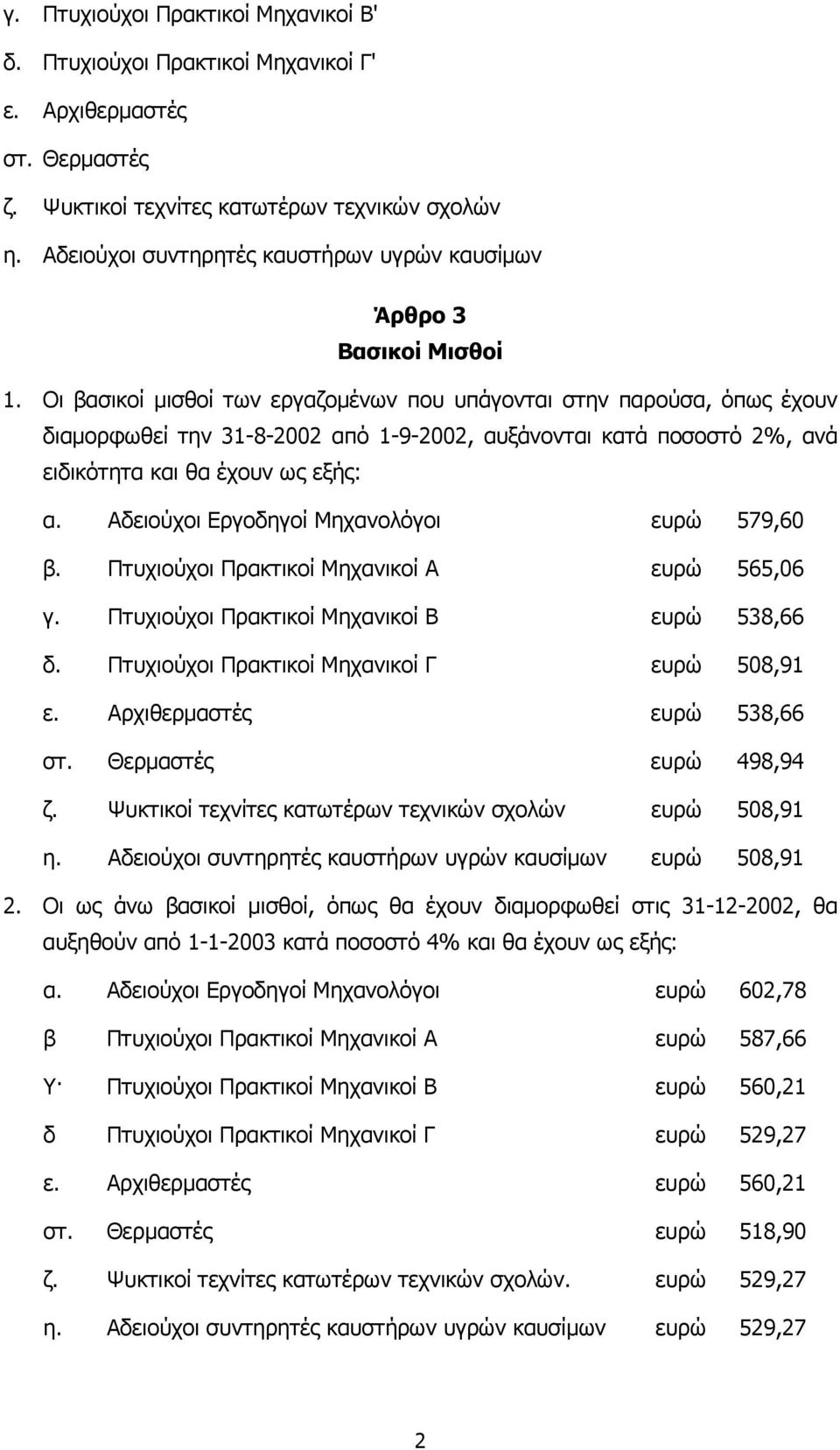 Οι βασικοί µισθοί των εργαζοµένων που υπάγονται στην παρούσα, όπως έχουν διαµορφωθεί την 31-8-2002 από 1-9-2002, αυξάνονται κατά ποσοστό 2%, ανά ειδικότητα και θα έχουν ως εξής: α.