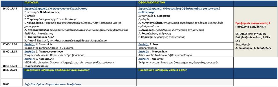 Φιλιππόπουλος MIGS Χ. Παππά Επιπλοκές αντιγλαυκωματικών επεμβάσεων-αντιμετώπιση 17.45-18.00 Διάλεξη: N. Strouthidis Imaging the Lamina Cribrosa in Glaucoma 18.00-18.15 Διάλεξη: Δ.