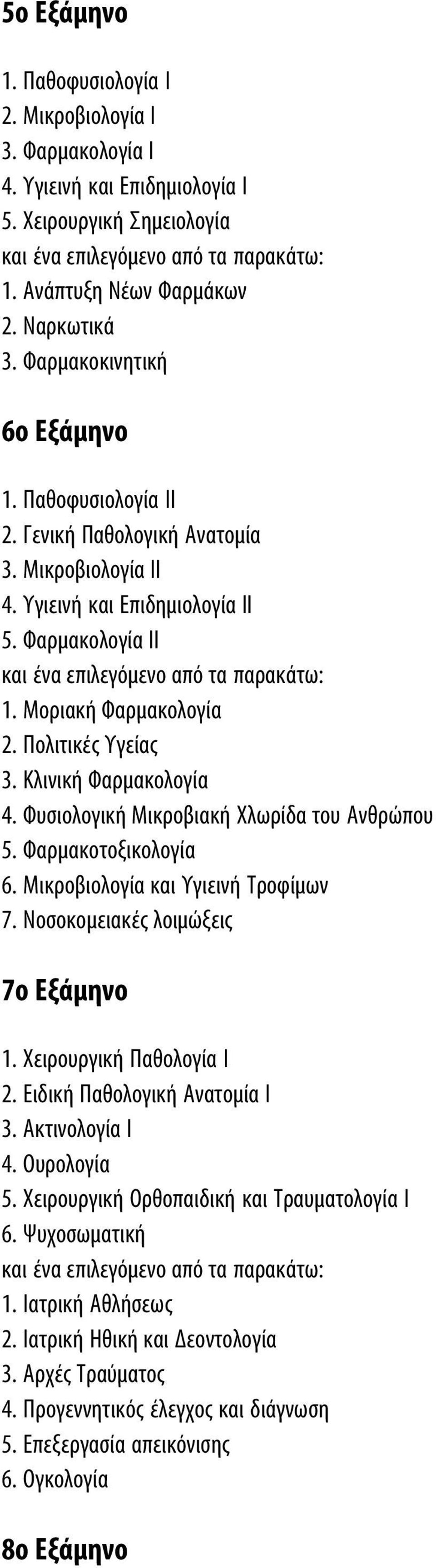 Φυσιολογική Μικροβιακή Χλωρίδα του Ανθρώπου 5. Φαρμακοτοξικολογία 6. Μικροβιολογία και Υγιεινή Τροφίμων 7. Νοσοκομειακές λοιμώξεις 7ο Εξάμηνο 1. Χειρουργική Παθολογία Ι 2.