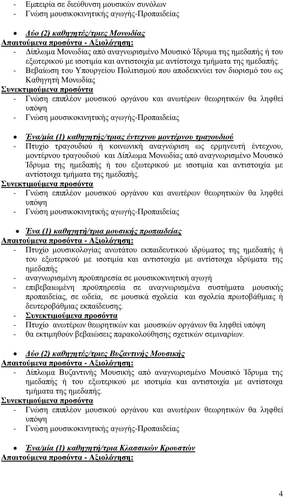 Καθηγητή Μονωδίας Ένα/μία (1) καθηγητής/τριας έντεχνου μοντέρνου τραγουδιού - Πτυχίο τραγουδιού ή κοινωνική αναγνώριση ως ερμηνευτή έντεχνου, μοντέρνου τραγουδιού και Δίπλωμα Μονωδίας από