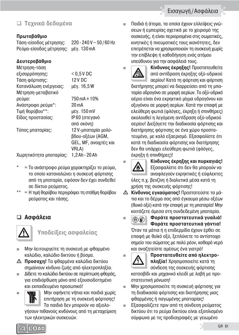 150 mv Είδος προστασίας: IP 60 (στεγανό από σκόνη) Τύπος μπαταρίας: 12 V-μπαταρία μολύβδου-οξέων (AGM, GEL, MF, ανοιχτές και VRLA) Χωρητικότητα μπαταρίας: 1,2 Ah - 20 Ah * = Το ανάστροφο ρεύμα