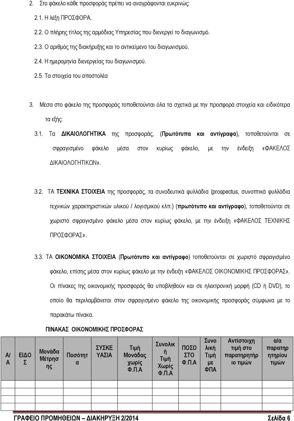 Μέσα στο φάκελο της προσφοράς τοποθετούνται όλα τα σχετικά με την προσφορά στοιχεία και ειδικότερα τα εξής: 3.1.