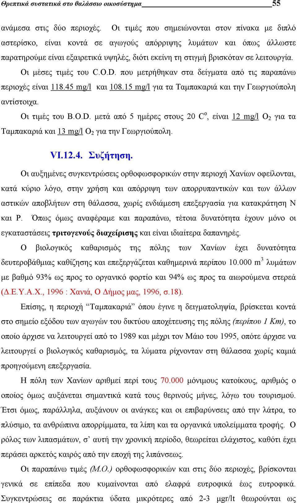 Οι μέσες τιμές του C.O.D. που μετρήθηκαν στα δείγματα από τις παραπάνω περιοχές είναι 118.45 mg/l και 108.15 mg/l για τα Ταμπακαριά και την Γεωργιούπολη αντίστοιχα. Οι τιμές του B.O.D. μετά από 5 ημέρες στους 20 C o, είναι 12 mg/l O 2 για τα Ταμπακαριά και 13 mg/l O 2 για την Γεωργιούπολη.