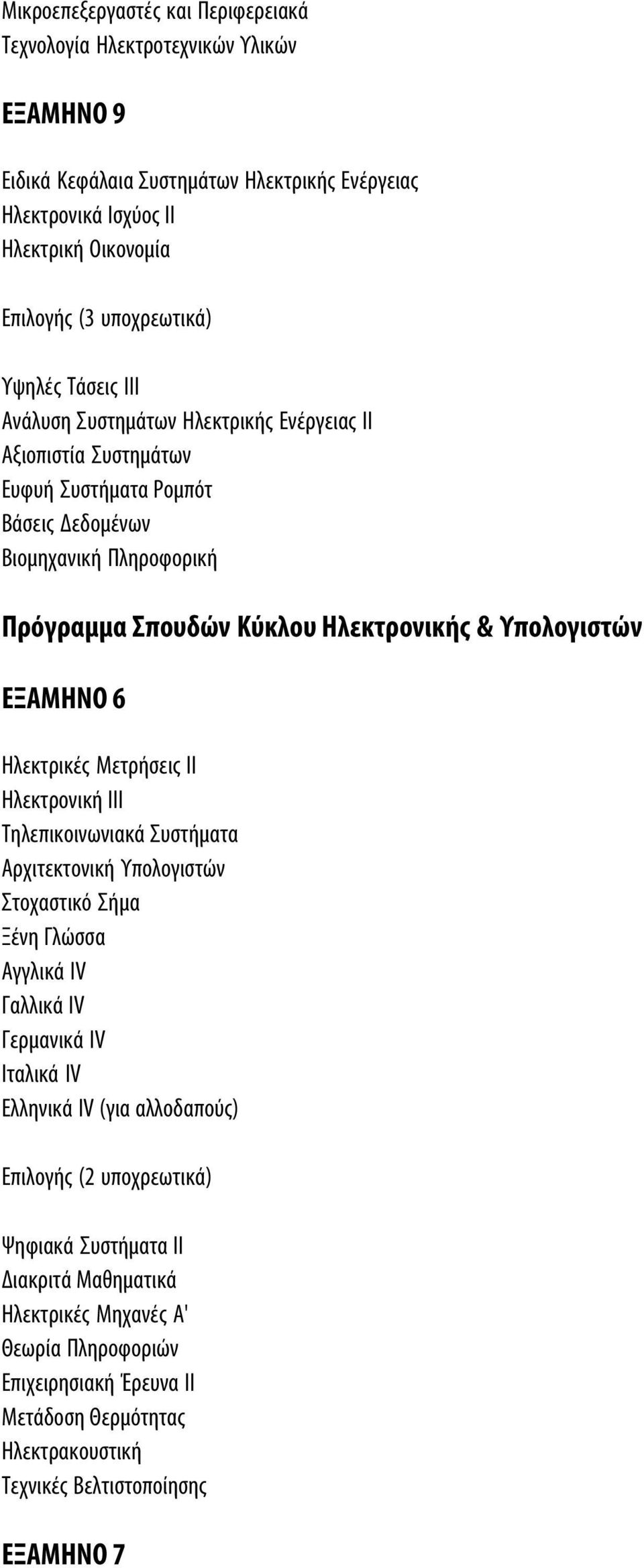 Υπολογιστών ΕΞΑΜΗΝΟ 6 Ηλεκτρικές Μετρήσεις ΙΙ Ηλεκτρονική ΙΙΙ Τηλεπικοινωνιακά Συστήματα Αρχιτεκτονική Υπολογιστών Στοχαστικό Σήμα Ξένη Γλώσσα Αγγλικά ΙV Γαλλικά ΙV Γερμανικά ΙV Ιταλικά ΙV