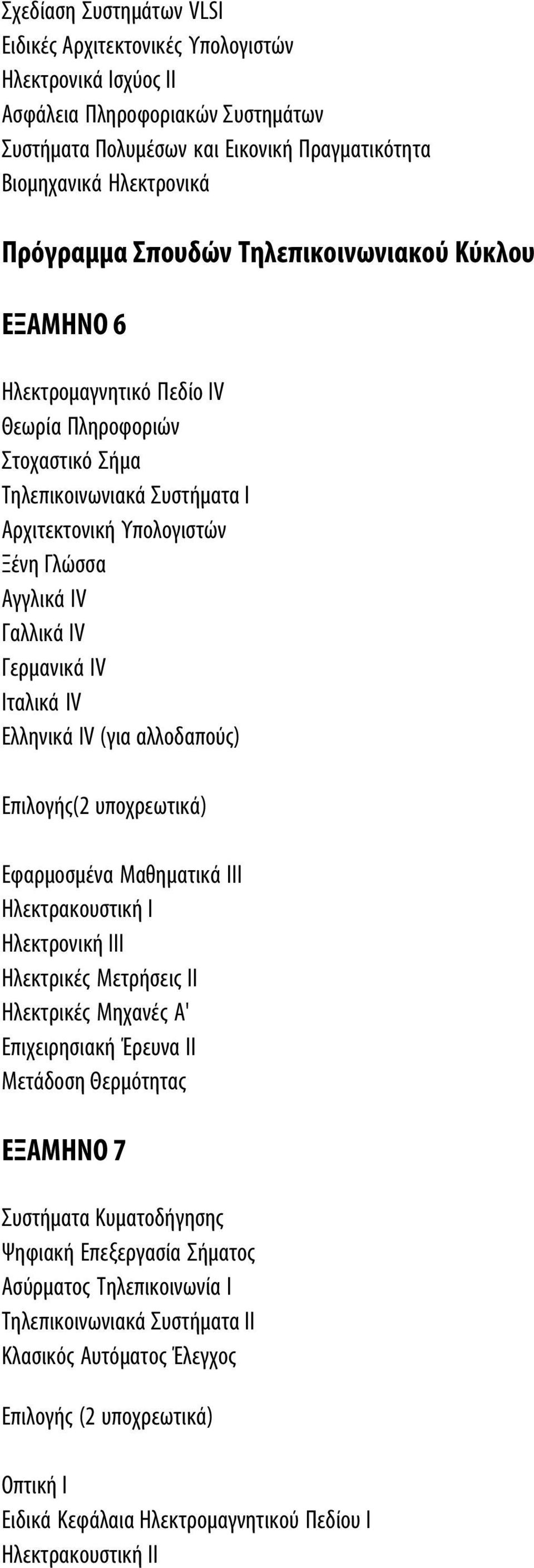 Γερμανικά ΙV Ιταλικά ΙV Ελληνικά IV (για αλλοδαπούς) Επιλογής(2 υποχρεωτικά) Εφαρμοσμένα Μαθηματικά ΙΙΙ Ηλεκτρακουστική Ι Ηλεκτρονική ΙΙΙ Ηλεκτρικές Μετρήσεις ΙΙ Ηλεκτρικές Μηχανές A' Επιχειρησιακή