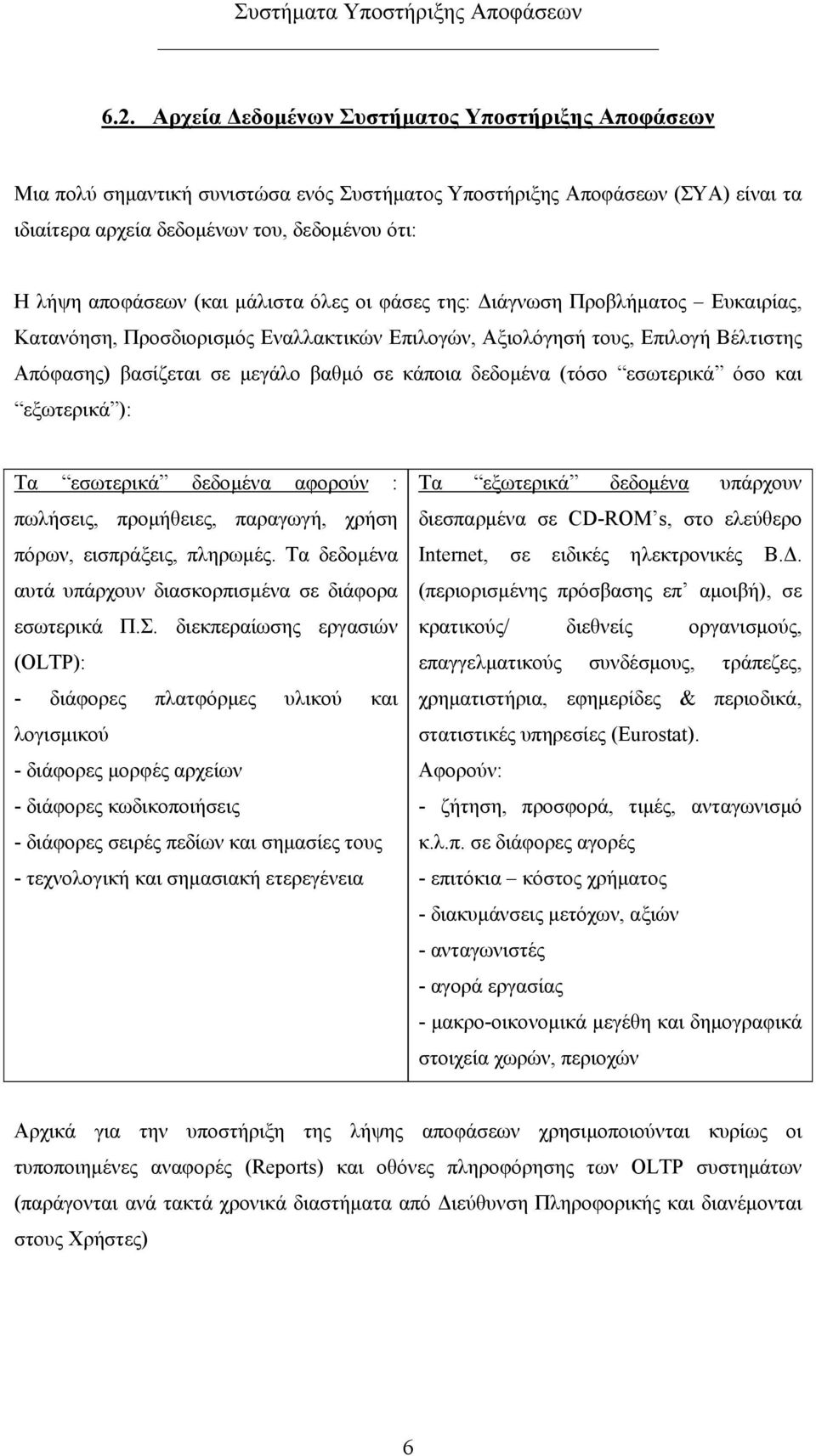 δεδομένα (τόσο εσωτερικά όσο και εξωτερικά ): Τα εσωτερικά δεδομένα αφορούν : πωλήσεις, προμήθειες, παραγωγή, χρήση πόρων, εισπράξεις, πληρωμές.