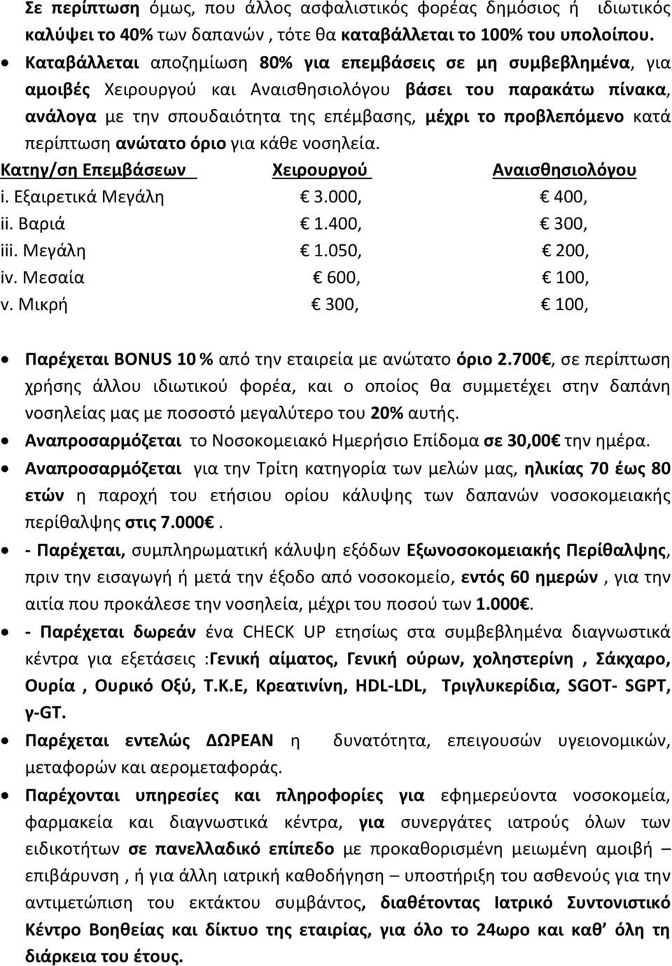 κατά περίπτωση ανώτατο όριο για κάθε νοσηλεία. Κατηγ/ση Επεμβάσεων Χειρουργού Αναισθησιολόγου i. Εξαιρετικά Μεγάλη 3.000, 400, ii. Βαριά 1.400, 300, iii. Μεγάλη 1.050, 200, iv. Μεσαία 600, 100, v.