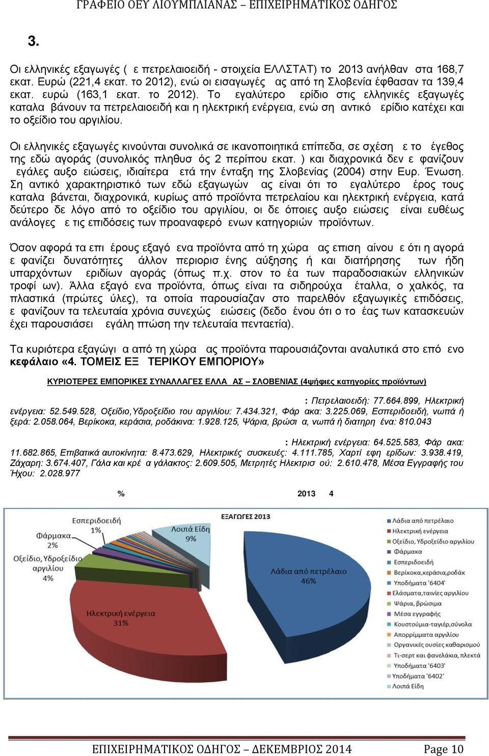 Το μεγαλύτερο μερίδιο στις ελληνικές εξαγωγές καταλαμβάνουν τα πετρελαιοειδή και η ηλεκτρική ενέργεια, ενώ σημαντικό μερίδιο κατέχει και το οξείδιο του αργιλίου.
