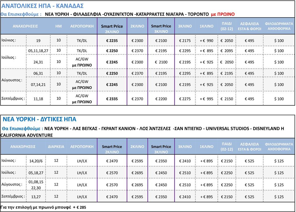 100 07,14,21 10 AC/GW με ΠΡΩΙΝΟ 2245 2300 2100 2195 + 925 2050 495 $ 100 Σεπτέμβριος : 11,18 10 AC/GW με ΠΡΩΙΝΟ 2335 2370 2200 2275 + 995 2150 495 $ 100 ΝΕΑ ΥΟΡΚΗ - ΔΥΤΙΚΕΣ ΗΠΑ Θα Επισκεφθούμε : ΝΕΑ