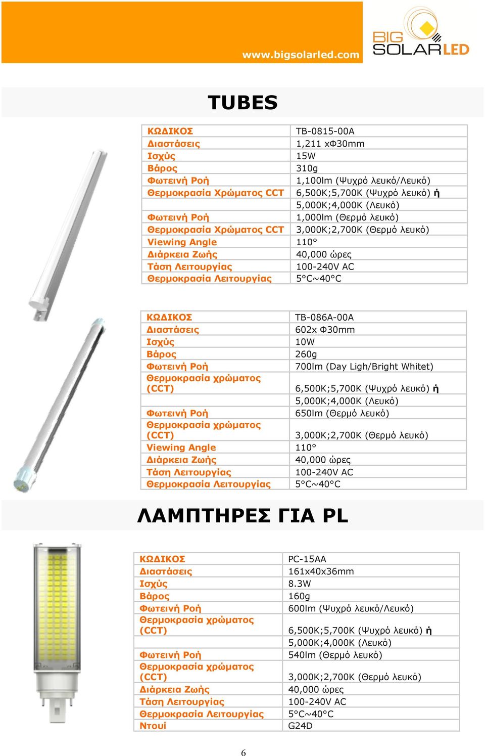 ΓΙΑ PL TB-086A-00A 602x Φ30mm 10W 260g 700lm (Day Ligh/Bright Whitet) 650lm (Θερµό λευκό) PC-15AA 161x40x36mm 8.