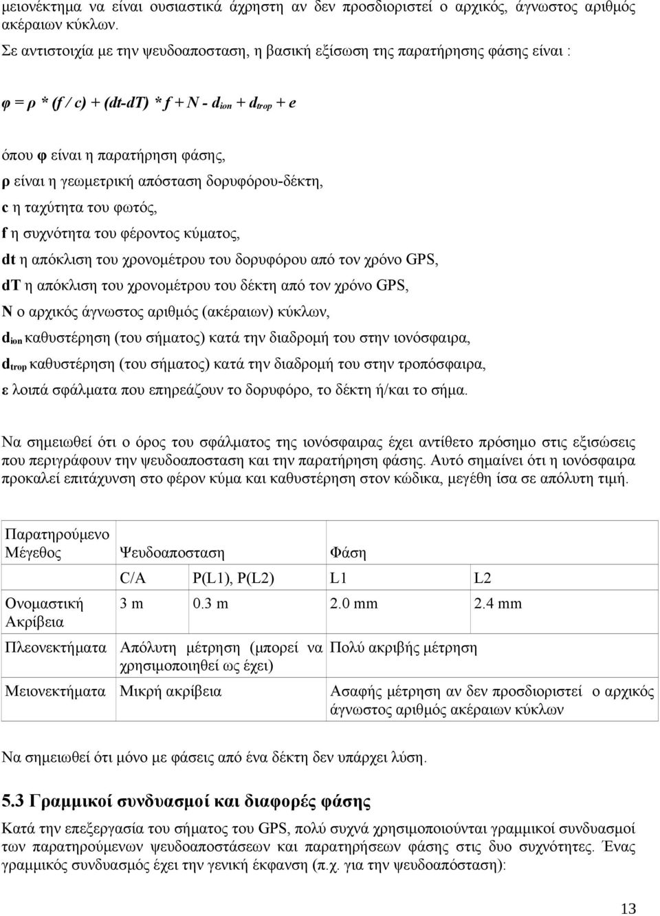 δορυφόρου-δέκτη, c η ταχύτητα του φωτός, f η συχνότητα του φέροντος κύματος, dt η απόκλιση του χρονομέτρου του δορυφόρου από τον χρόνο GPS, dt η απόκλιση του χρονομέτρου του δέκτη από τον χρόνο GPS,