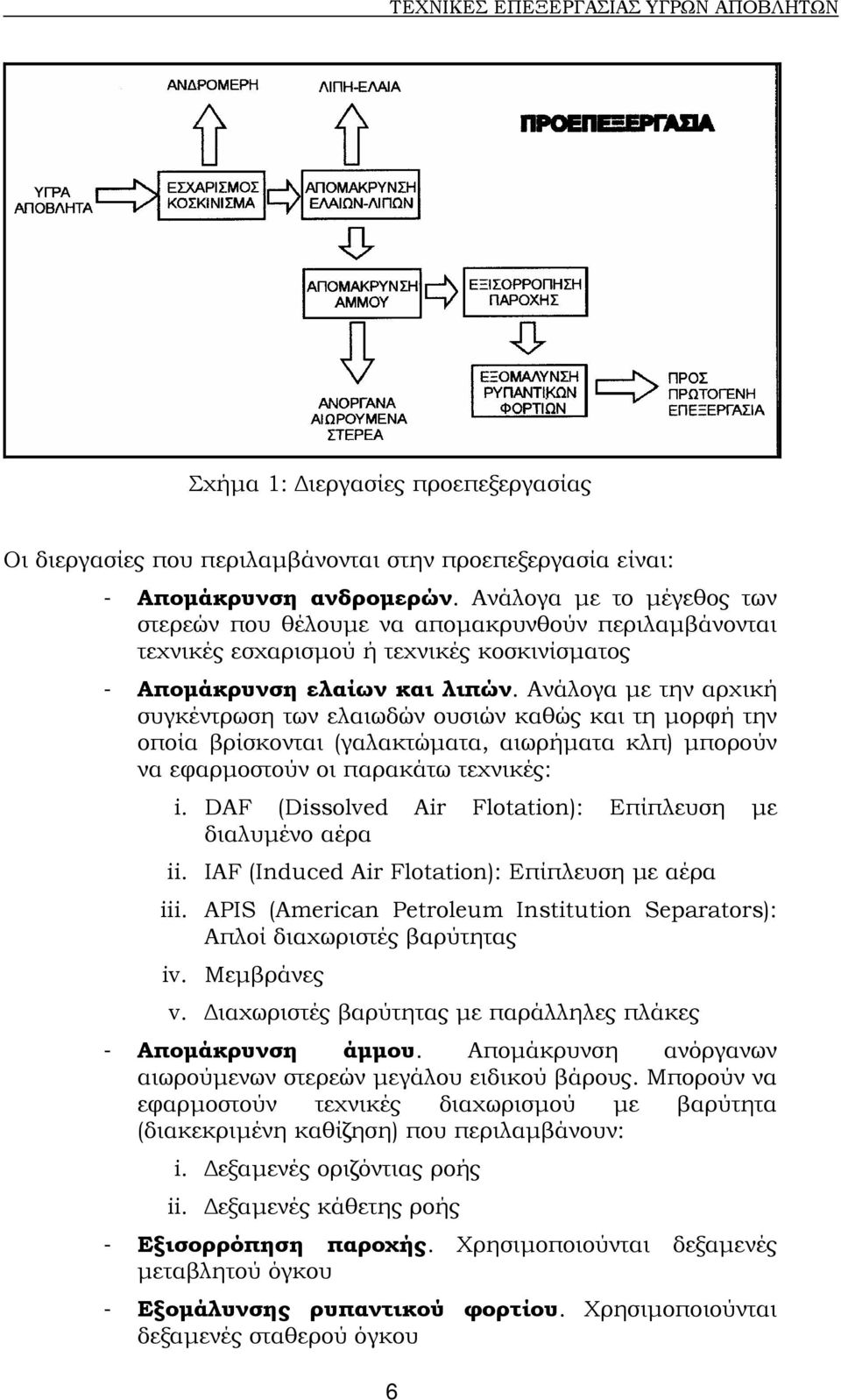 Ανάλογα µε την αρχική συγκέντρωση των ελαιωδών ουσιών καθώς και τη µορφή την οποία βρίσκονται (γαλακτώµατα, αιωρήµατα κλπ) µπορούν να εφαρµοστούν οι παρακάτω τεχνικές: i.