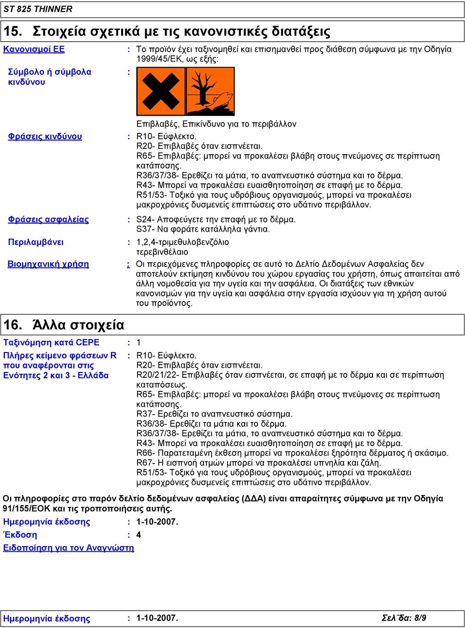 Έκδοση Ειδοποίηση για τον Αναγνώστη Επιβλαβές, Επικίνδυνο για το περιβάλλον R10- Εύφλεκτο. R20- Επιβλαβές όταν εισπνέεται.