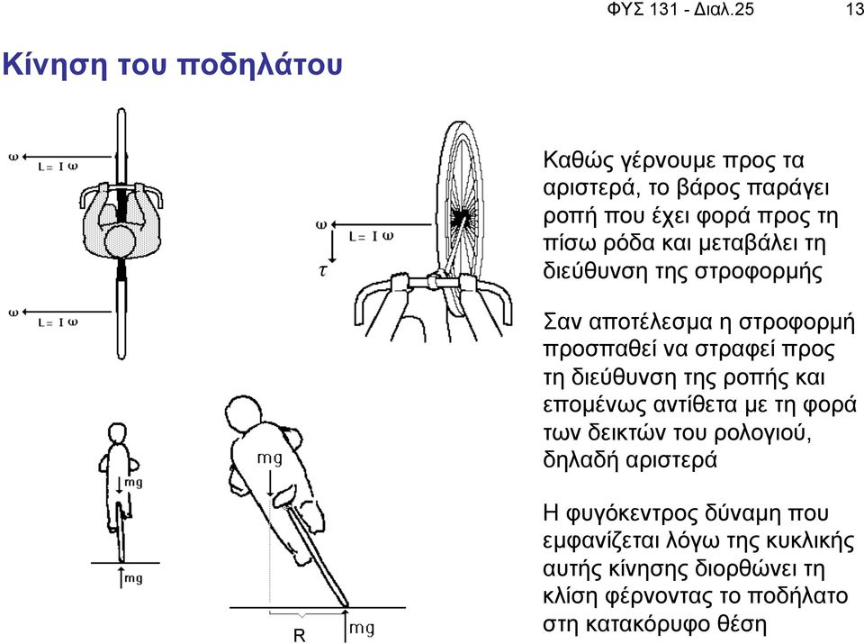 ρόδα και µεταβάλει τη διεύθυνση της στροφορµής Σαν αποτέλεσµα η στροφορµή προσπαθεί να στραφεί προς τη διεύθυνση