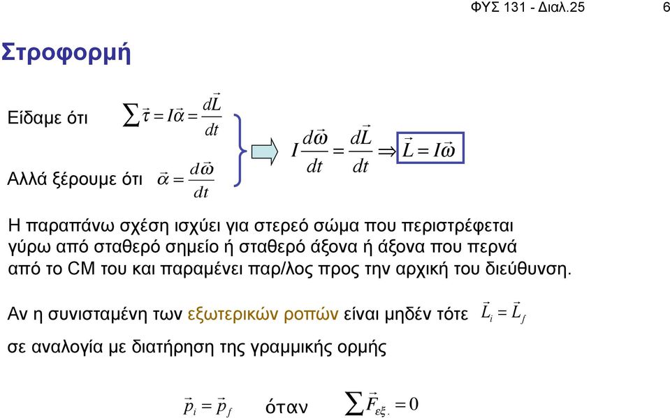 για στερεό σώµα που περιστρέφεται γύρω από σταθερό σηµείο ή σταθερό άξονα ή άξονα που περνά από το