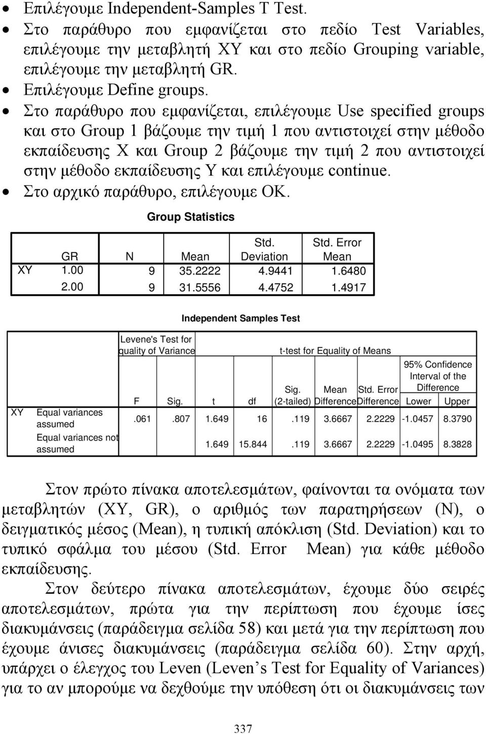 Υ και επιλέγουμε cotiue. Στο αρχικό παράθυρο, επιλέγουμε ΟΚ. Group tatistics GR 1.00.00 N td. td. Error Mea Deviatio Mea 9 35. 4.9441 1.6480 9 31.5556 4.475 1.