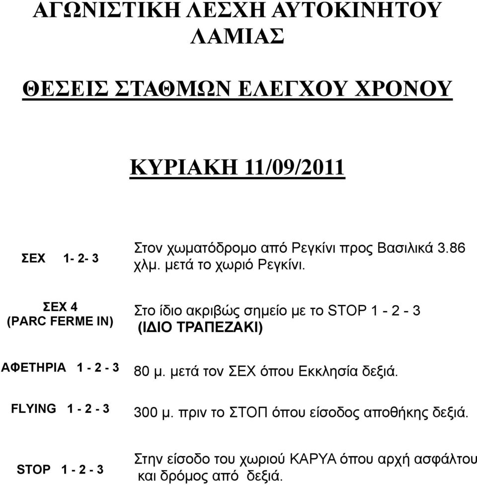 ΣΕΧ 4 (PARC FERME ΙΝ) Στο ίδιο ακριβώς σηµείο µε το STOP 1-2 - 3 (Ι ΙΟ ΤΡΑΠΕΖΑΚΙ) ΑΦΕΤΗΡΙΑ 1-2 - 3 80 µ.