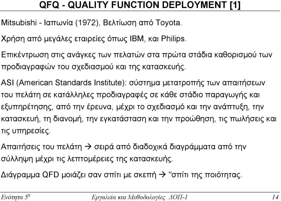 ASI (American Standards Institute): σύστηµα µετατροπής των απαιτήσεων του πελάτη σε κατάλληλες προδιαγραφές σε κάθε στάδιο παραγωγής και εξυπηρέτησης, από την έρευνα, µέχρι το σχεδιασµό και